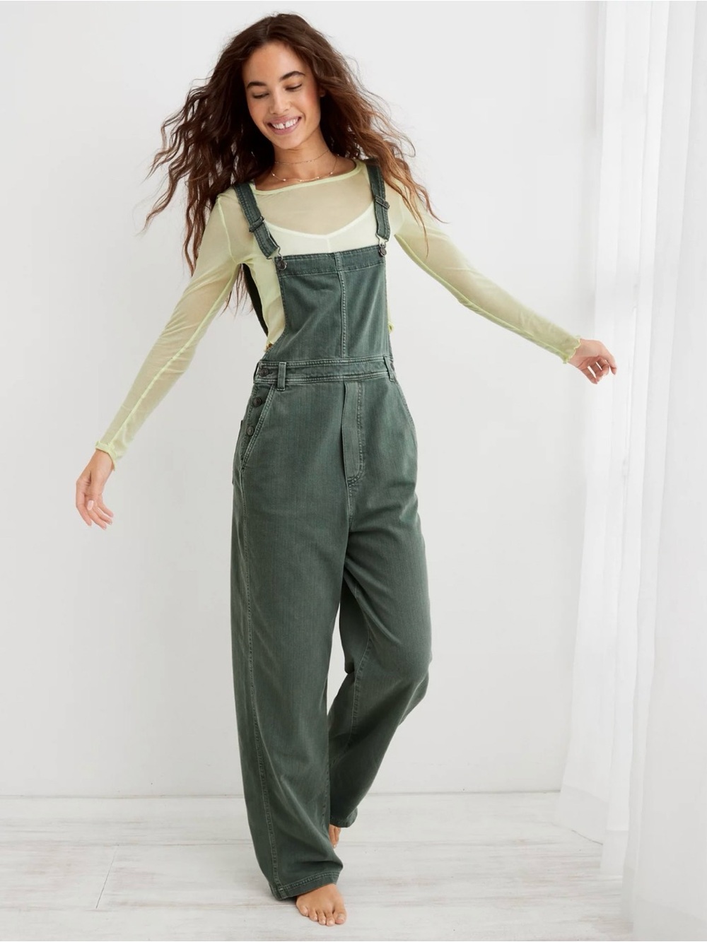 Aerie Baggy Y2K Overalls, Green, Sz S